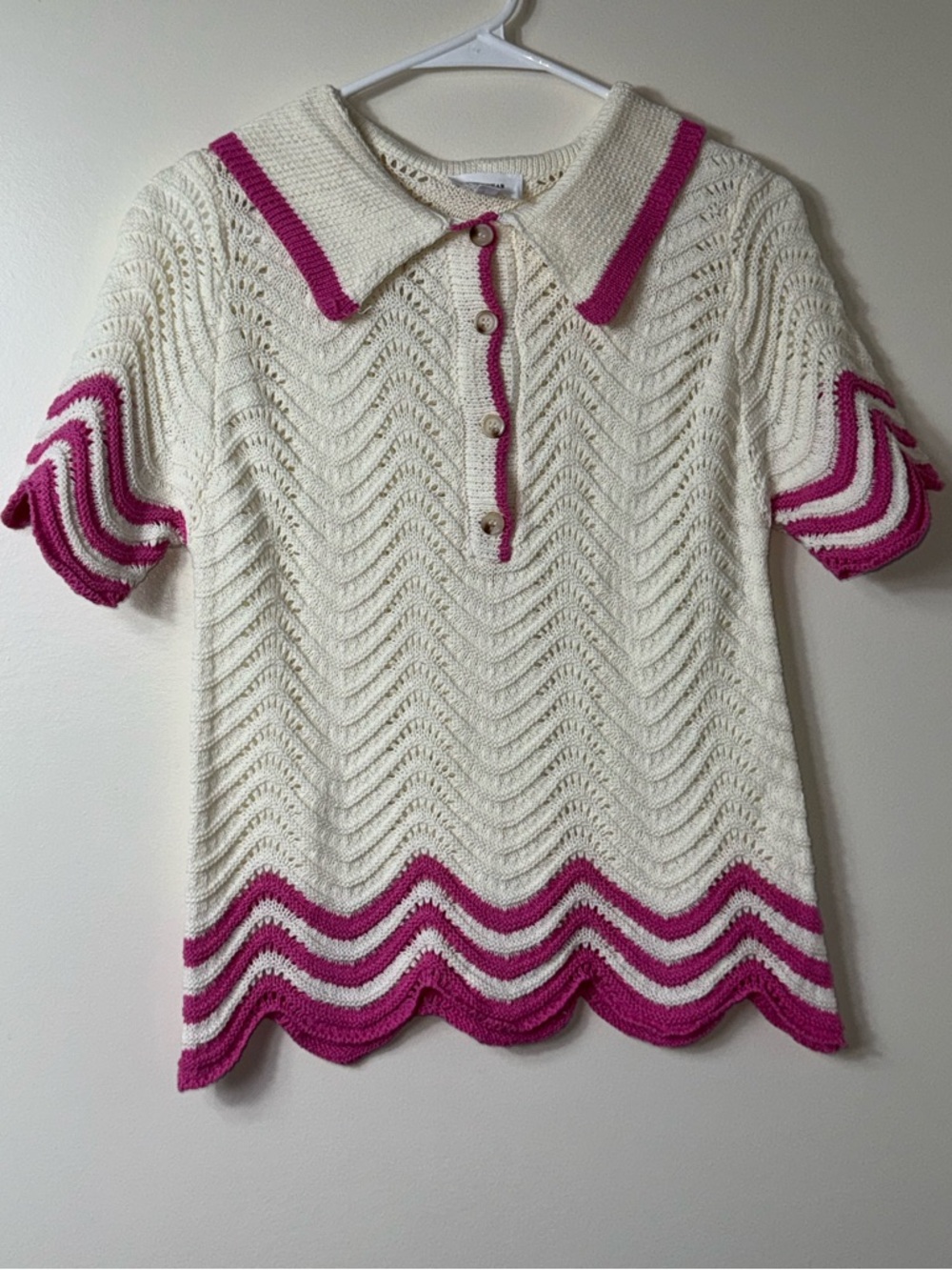 AnnieWear Crochet Knit Collared Top Pink White Scallop Hem Small
